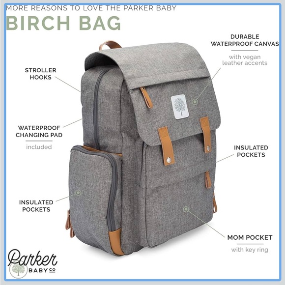 NEW Parker Baby Co Birch Bag Grey Diaper Backpack NWOT Diaper Bag + Changing Pad - Picture 2 of 9